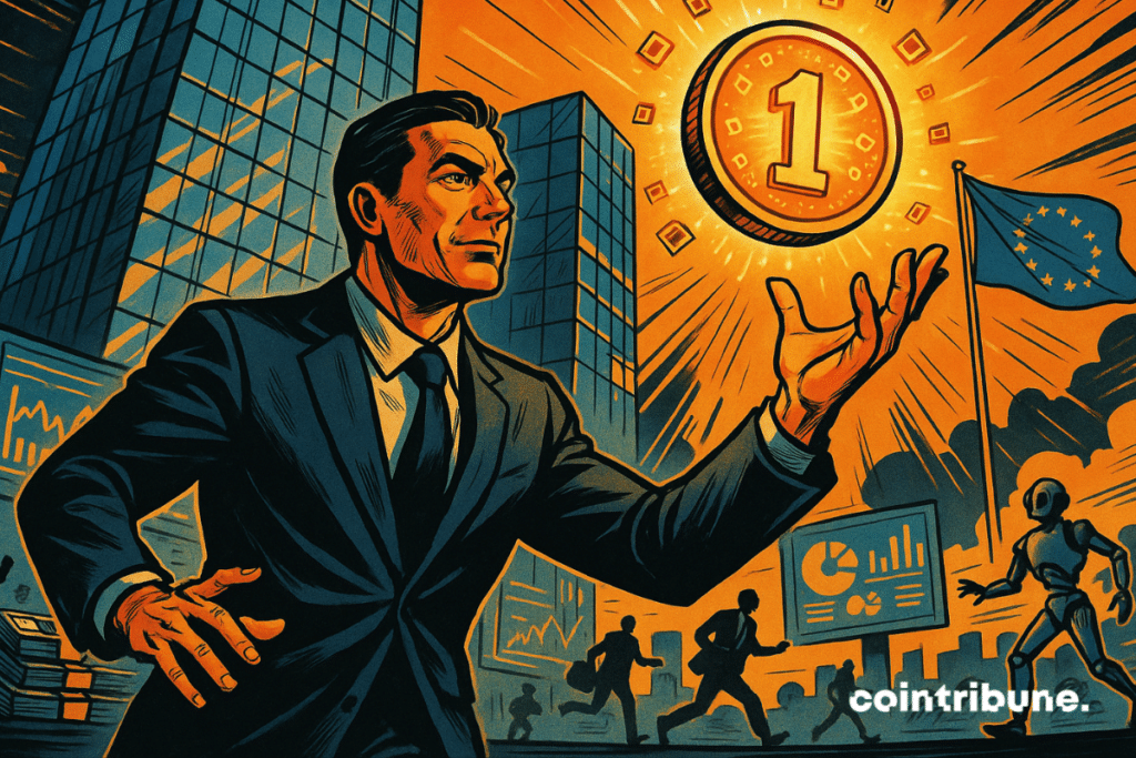 Businessman unveils glowing tokenized asset in a futuristic city, symbolizing blockchain finance.