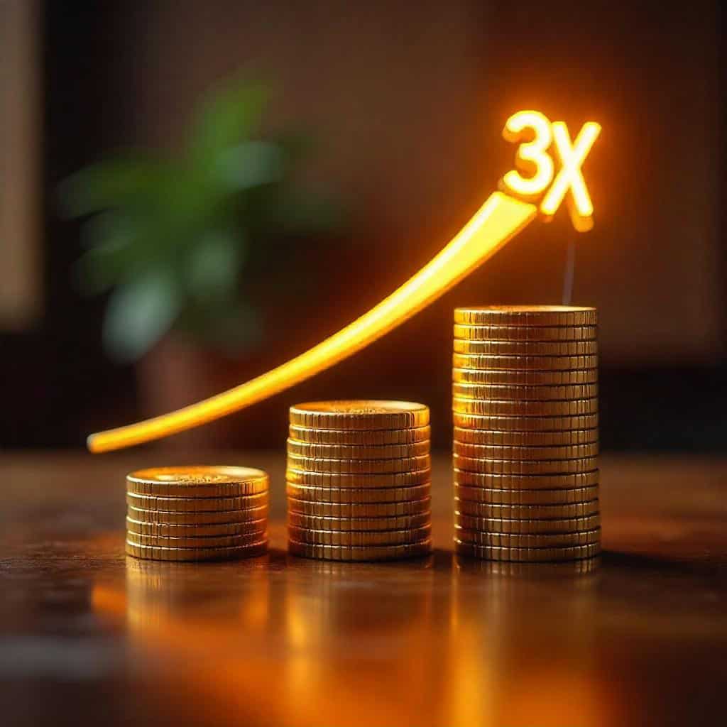 3 stacks of gold coins tripling in value