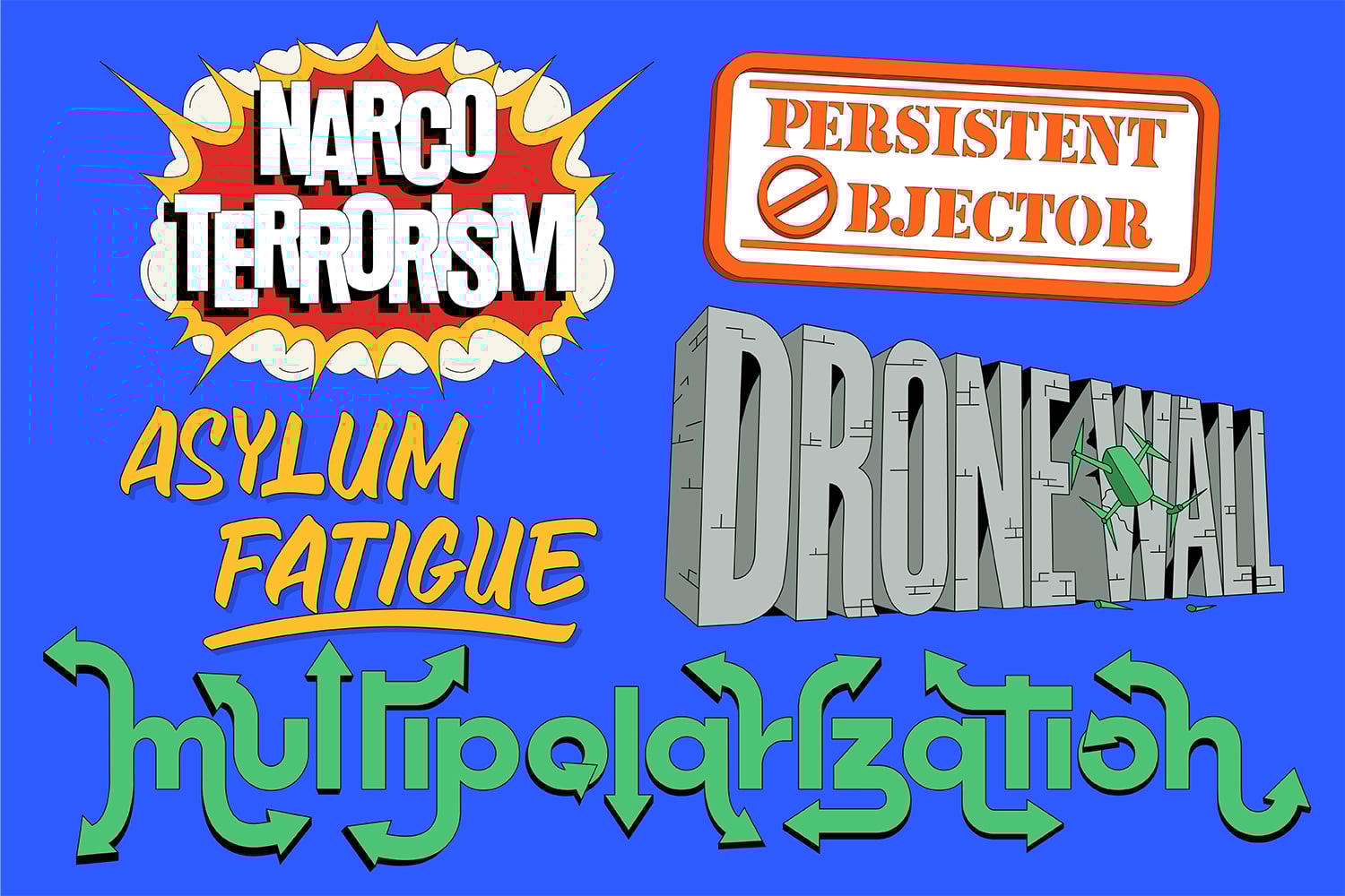 An illustration of several geopolitical words including Narcoterrorism, Asylum fatigue, Drone wall, multipolarization, and Persistent Objector.