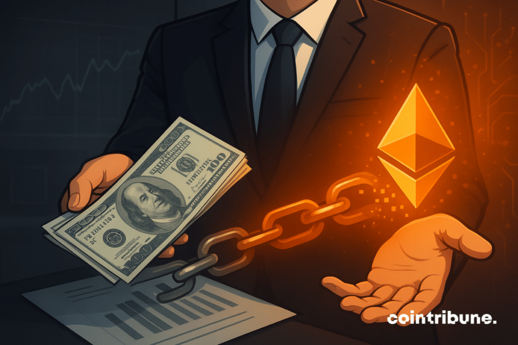 A suited banker holds cash and documents as they transform into glowing orange Ethereum blocks above his open hand in a dark office setting.