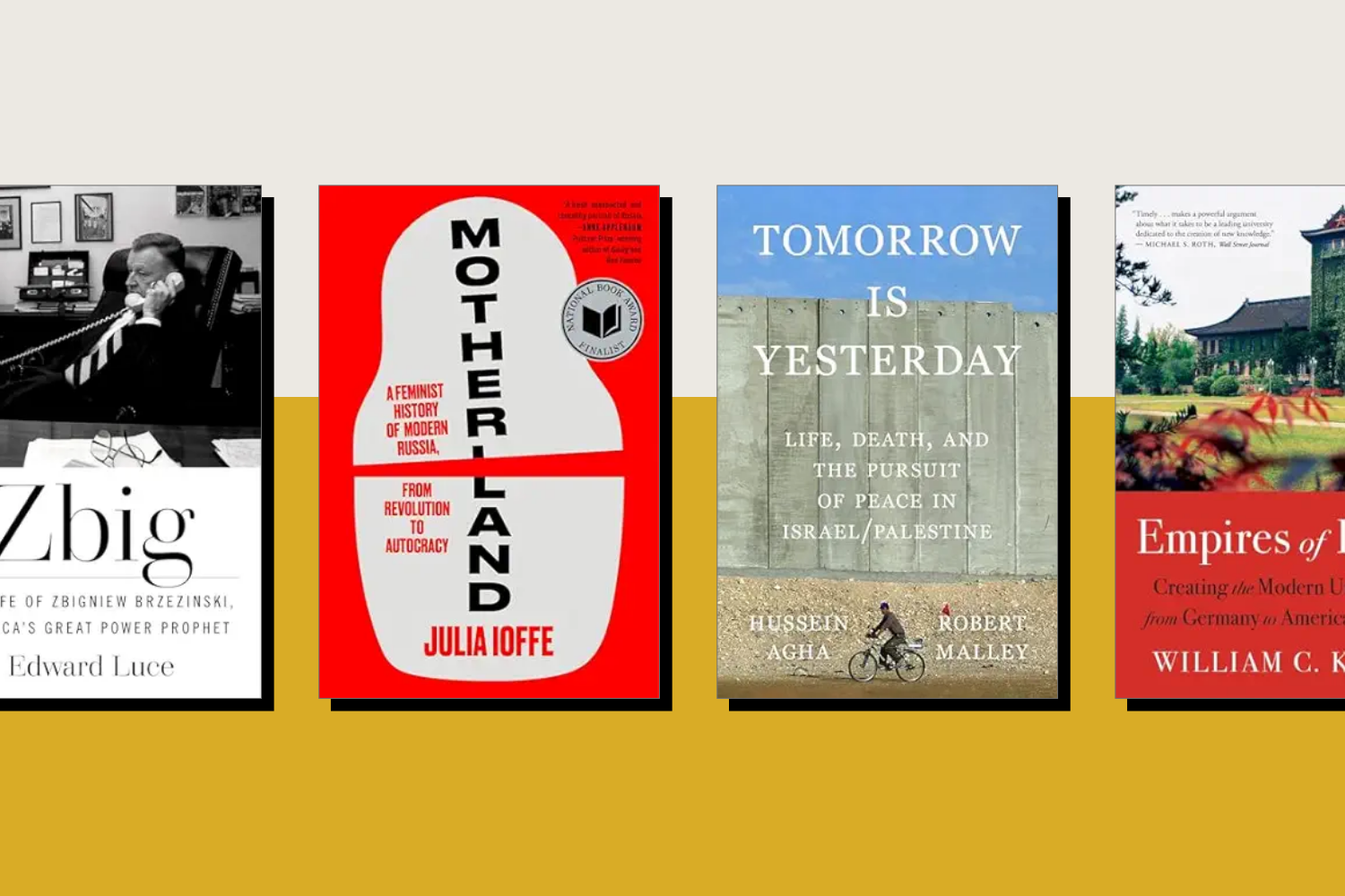 A grid of four book covers on a yellow background