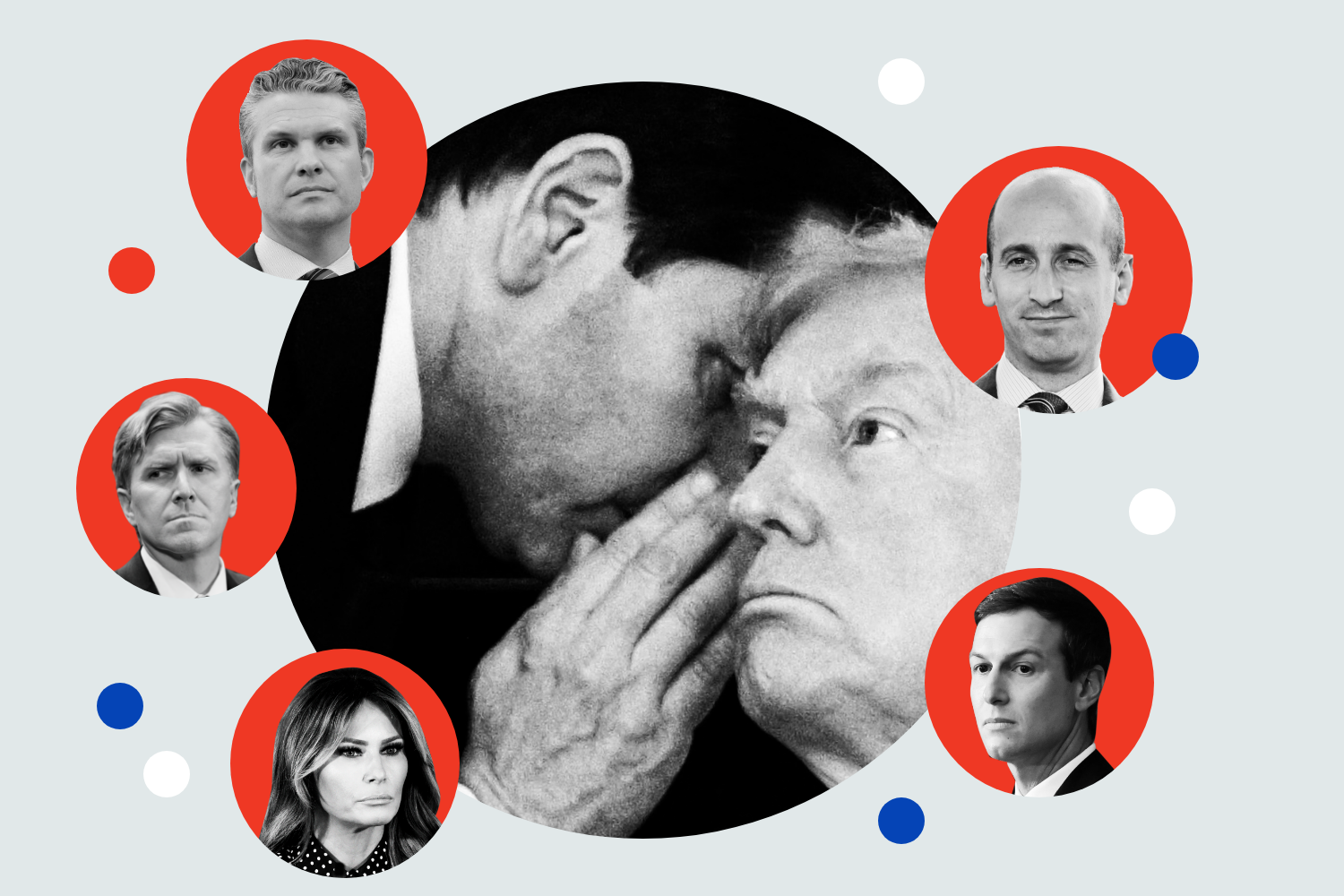 An illustration with Donald Trump listening as Marco Rubio leans in with a hand cupped to whisper in Trump's ear. Around the circular images are headshots of four men and one woman.