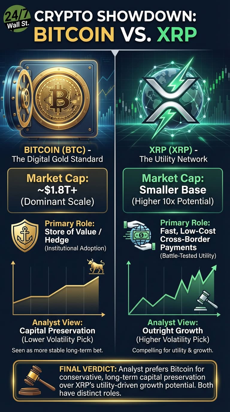 An infographic titled &#039;Crypto Showdown: Bitcoin vs. XRP&#039; comparing Bitcoin (BTC) on the left, represented by a gold coin in a safe, with XRP (XRP) on the right, shown as its logo with a globe. The comparison details market cap, primary roles (store of value vs. utility network), and analyst views on capital preservation versus outright growth, concluding with a preference for Bitcoin for conservative long-term capital preservation.