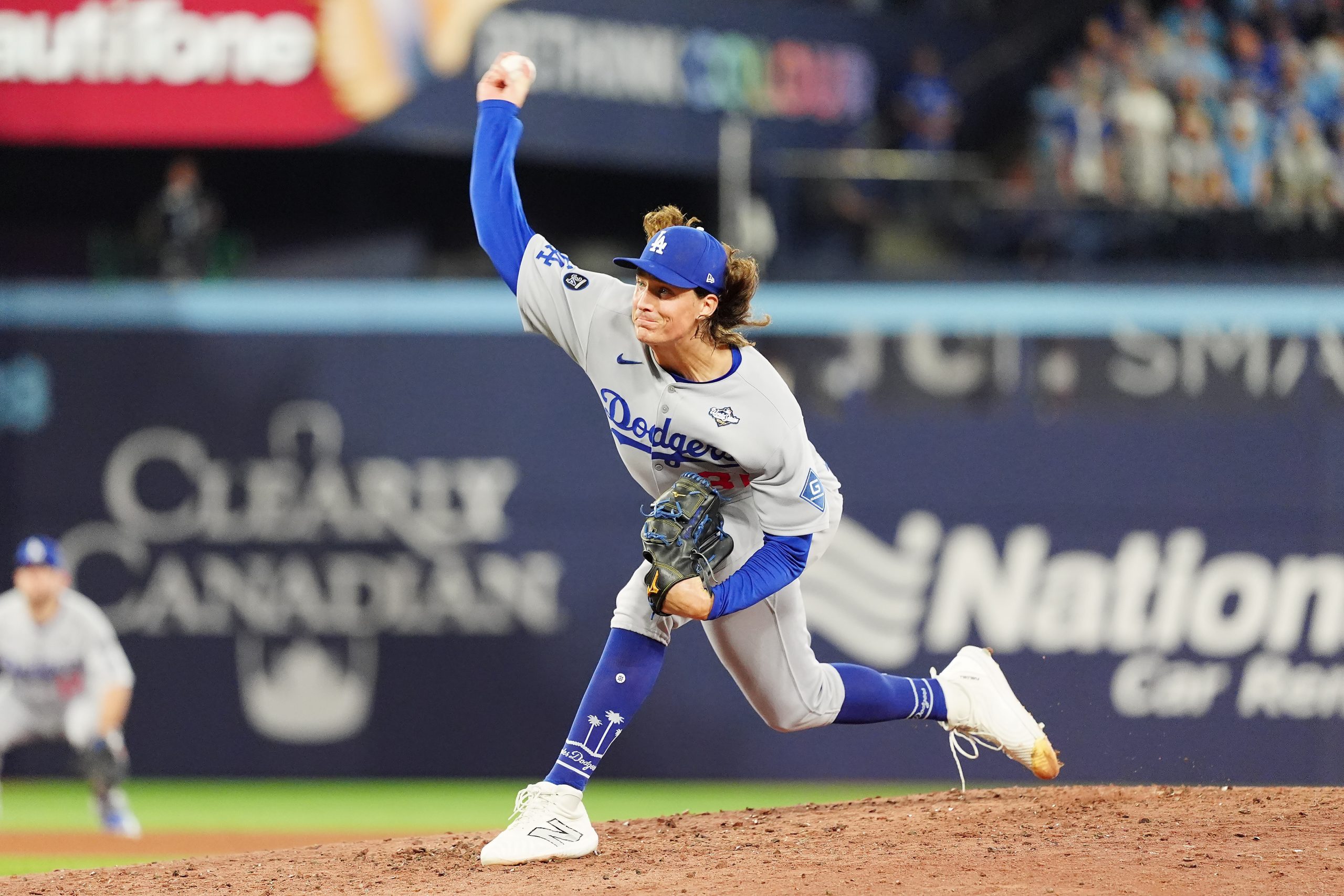 Los Angeles Dodgers pitcher Tyler Glasnow delivers a pitch against the Toronto Blue Jays during Game 7 of the World Series.