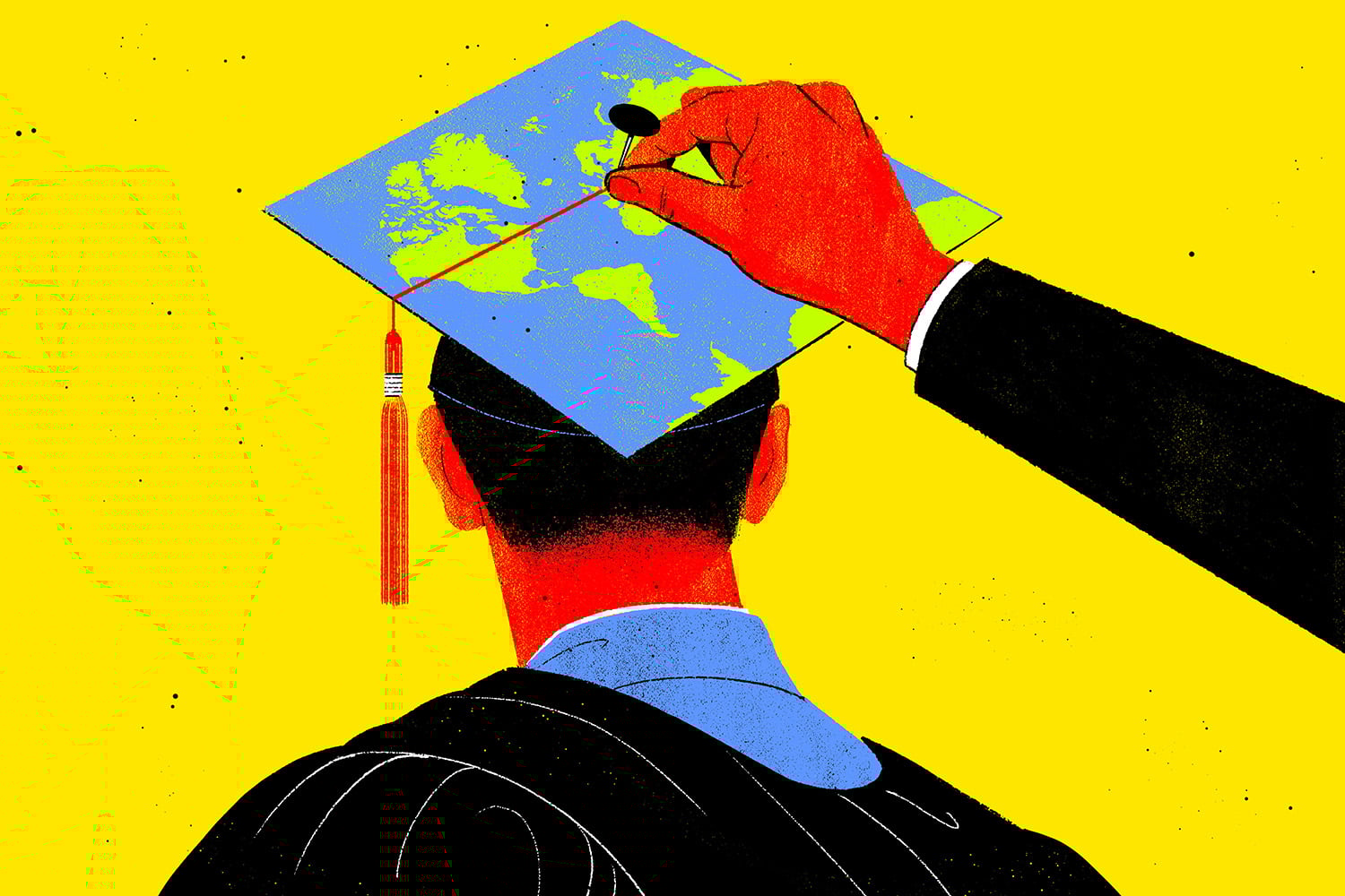 An illustration shows the back of a person wearing a graduation cap with a globe motif on it. A hand reaches in to move a locator pin on the top of the cap/map.