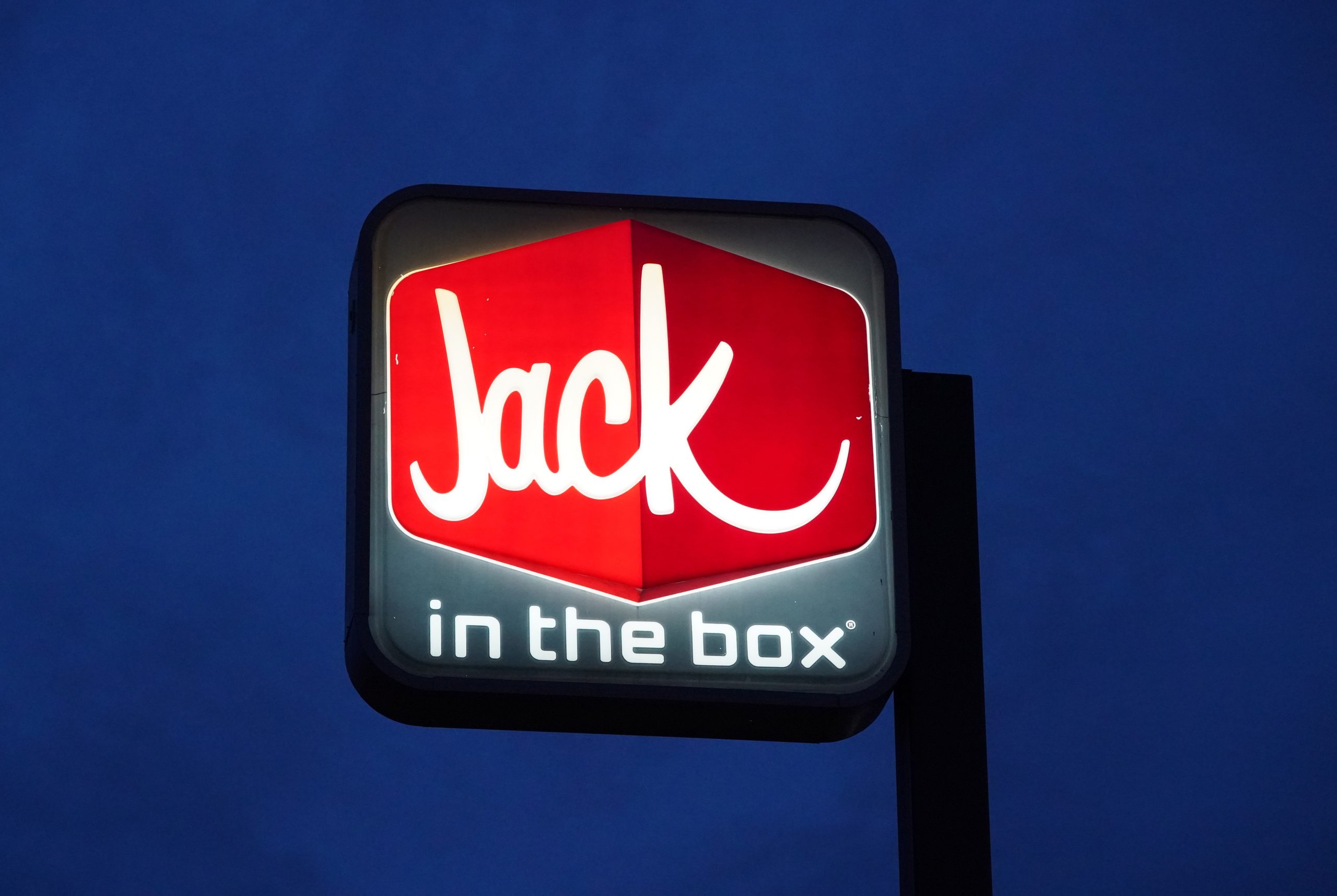 A close-up of the Jack in the Box restaurant sign in Santa Ana, CA.