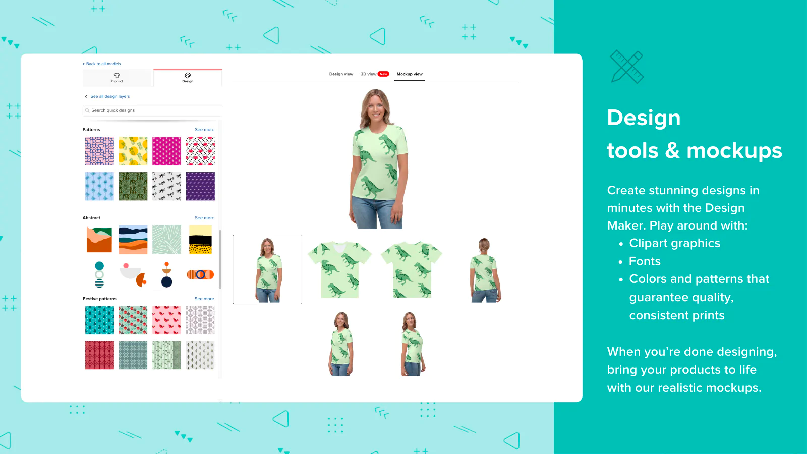 Printful's design mockup tool for a dinosaur printed t-shirt.