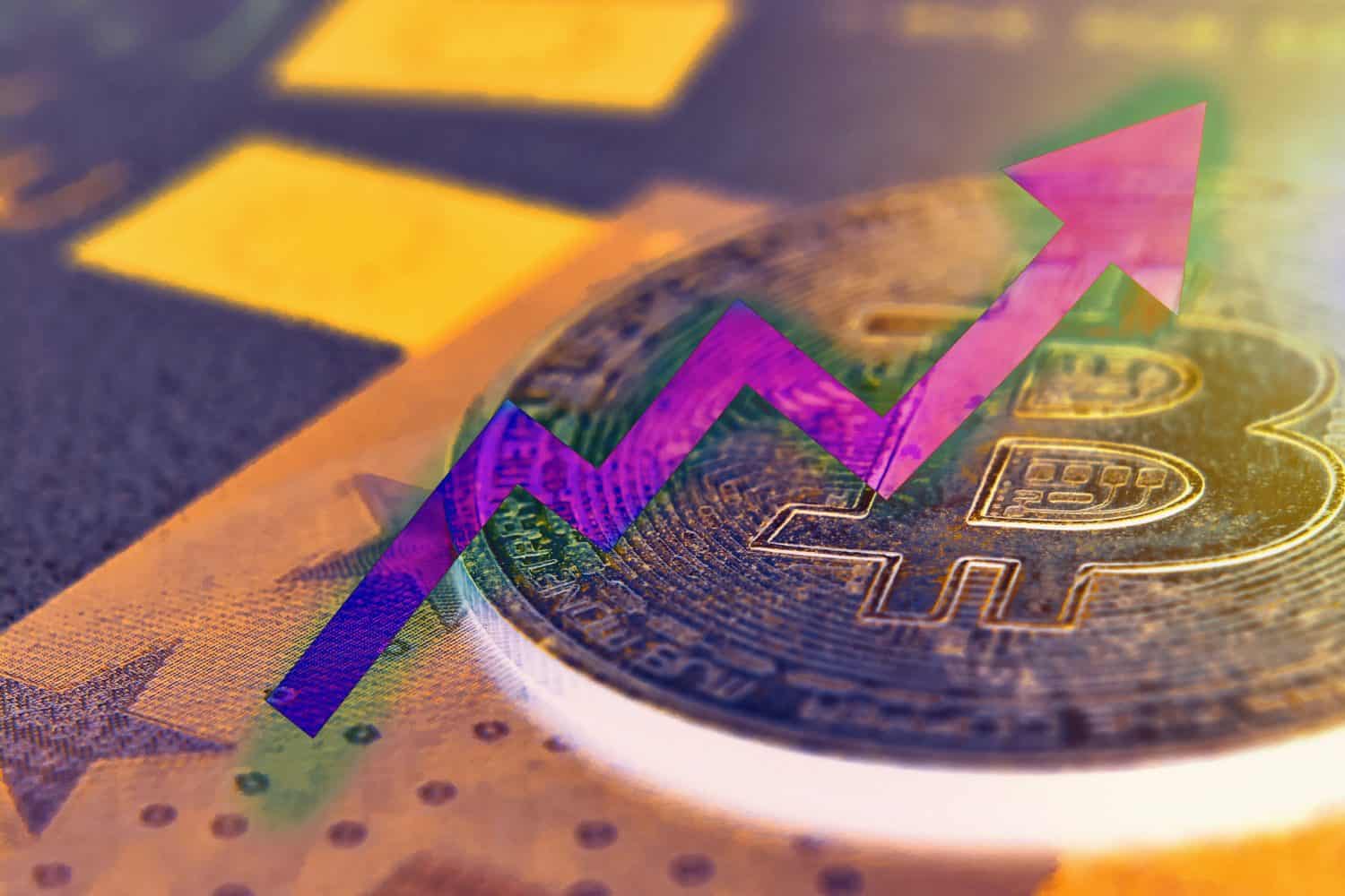 Golden bitcoin arrow and index on dark background. Cryptocurrency and financial growth concept.