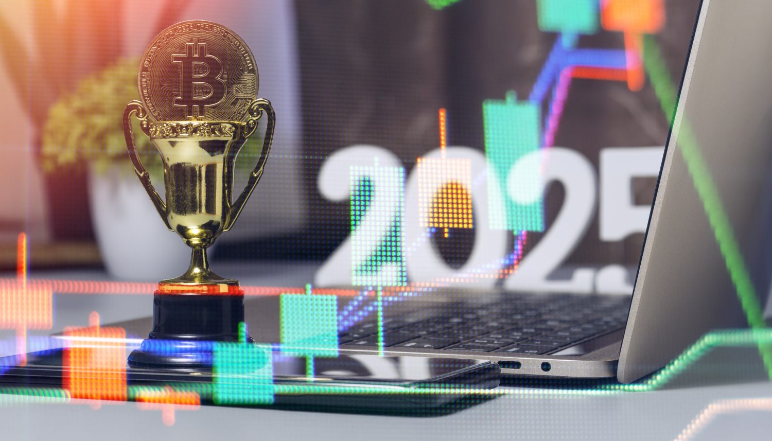 Bitcoin Trophy on Digital Workspace with 2025 Background and Cryptocurrency