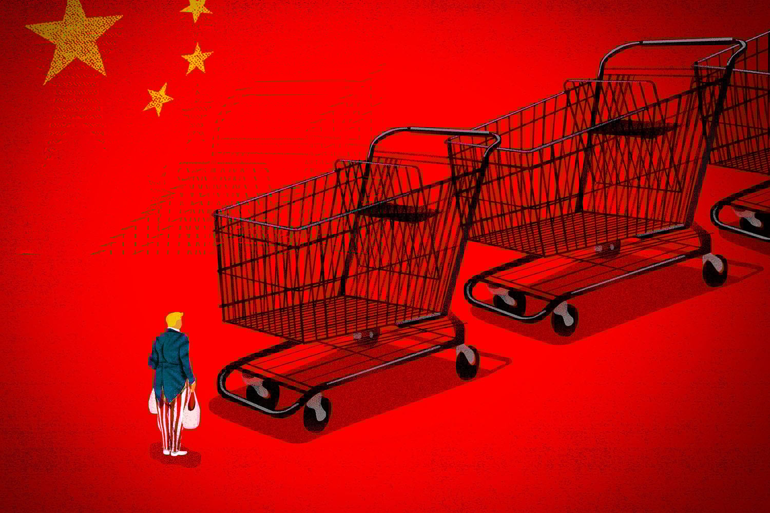 An illustration shows a line of large shopping carts facing down a small Donald Trump figure holding two shopping bags. The stars of China's flag are in the upper left corner.