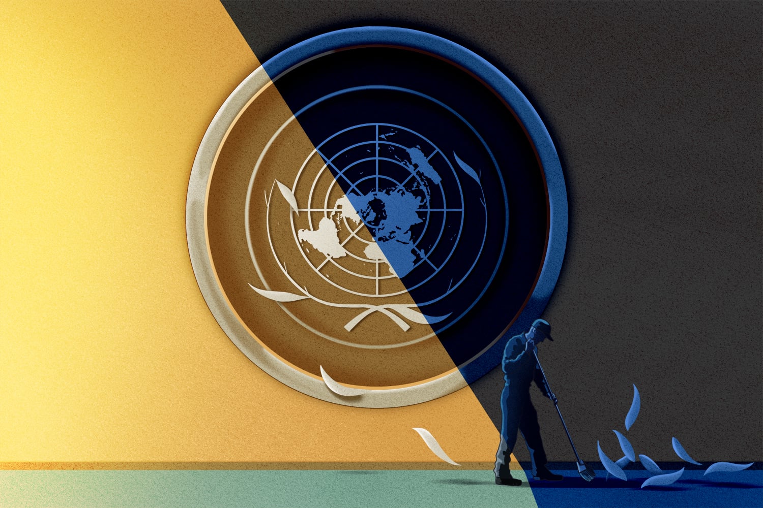 An illustration shows the seal of the United Nations with a shadow across it. Laurel leaves fall onto the ground from the seal as a person sweeps them up.