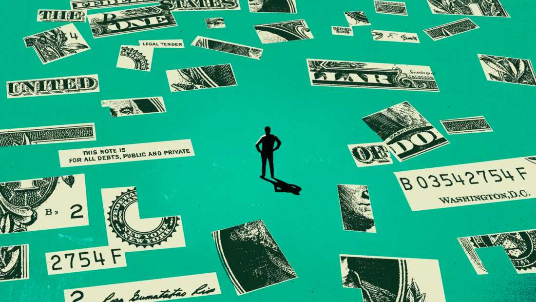 This illustration shows a man standing on a teal floor and surrounded by fragments of U.S. dollar bills scattered all around him on the ground.