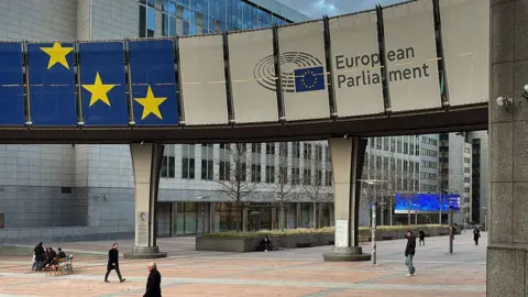 Getty Images An exterior view of the Altiero Spinelli Building, part of the legislative complex of the European Parliament, shows a banner sign with the blue-and-yellow EU flag and the institution's name displayed on an elevated walkway.