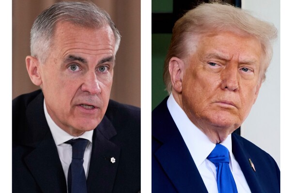 This combination of images shows Canada's Prime Minister Mark Carney on June 16, 2025, in Kananaskis, Canada, left, and President Donald Trump on Oct. 7, 2025, in Washington. (AP Photo/Mark Schiefelbein, left, Jacquelyn Martin)
