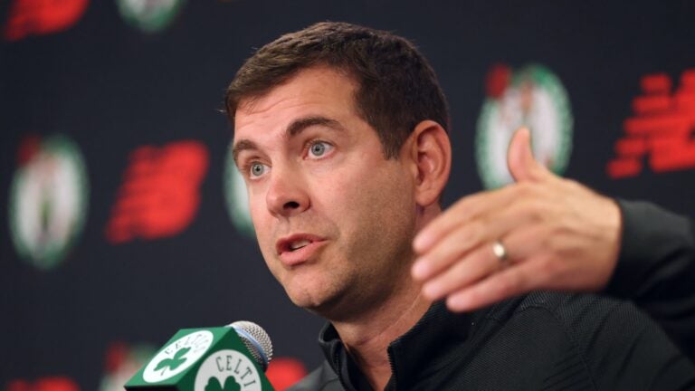 President of basketball operations Brad Stevens speaks at a news conference during the Boston Celtics NBA basketball media day, Monday, Sept. 29, 2025, in Boston.