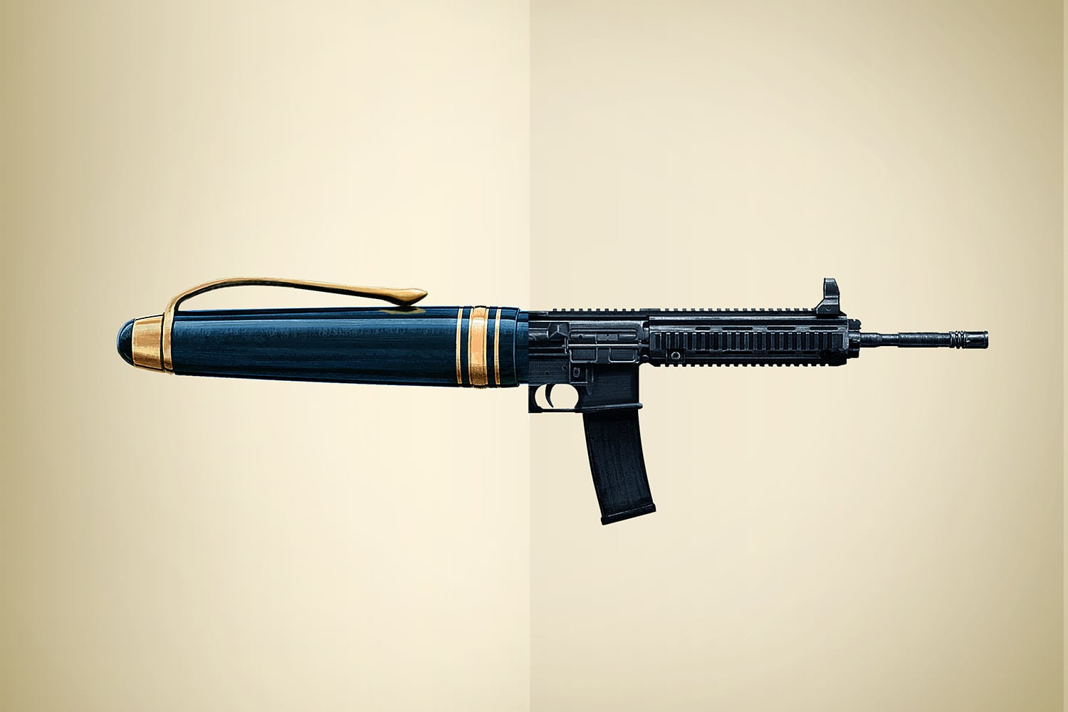 An illustration shows a fountain pen cap with a gun coming out of the end of it instead of a pen.