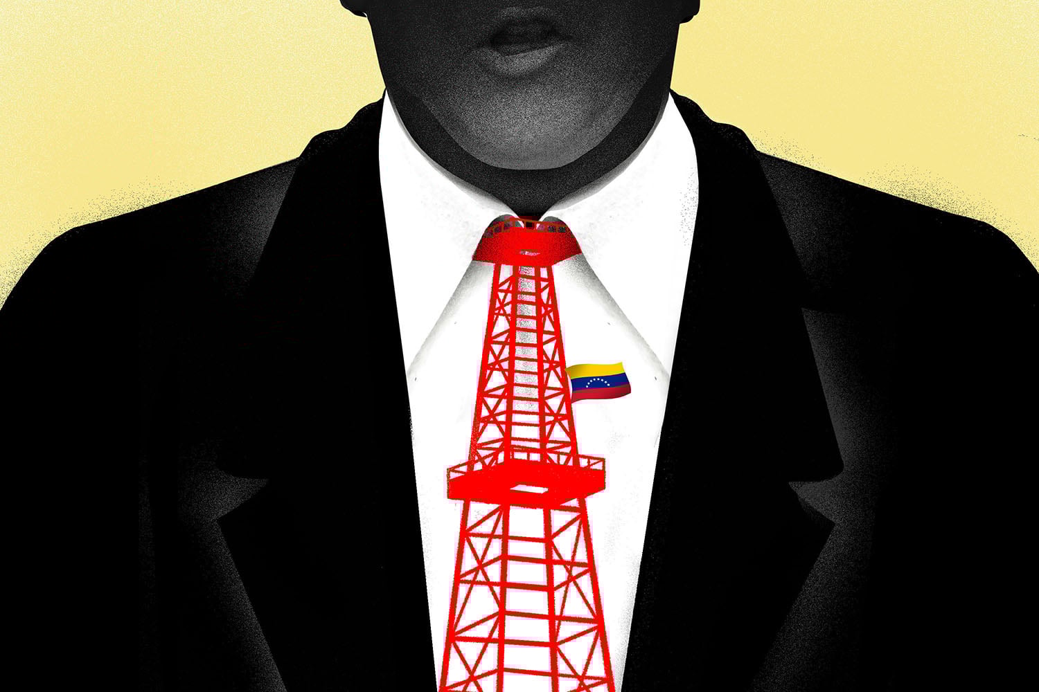 An illustration shows Donald Trump from the nose down with a red oil rig as a tie.