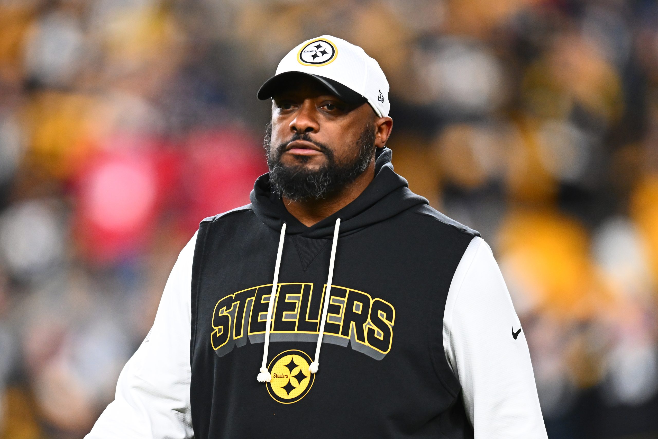 Head coach Mike Tomlin of the Pittsburgh Steelers looks on before the game against the Houston Texans at Acrisure Stadium on January 12, 2026 in Pittsburgh, Pennsylvania.