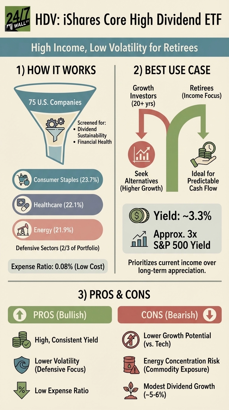 An infographic titled 'HDV: iShares Core High Dividend ETF' with a subtitle 'High Income, Low Volatility for Retirees'. Section 1, 'How It Works', shows a funnel graphic indicating 75 U.S. Companies screened for Dividend, Sustainability, and Financial Health. Below are three rounded rectangles showing sector allocations: Consumer Staples (23.7%), Healthcare (22.1%), and Energy (21.9%), noted as 'Defensive Sectors (2/3 of Portfolio)'. An expense ratio of 0.08% (Low Cost) is also listed. Section 2, 'Best Use Case', depicts two paths: Growth Investors (20+ yrs) are advised to 'Seek Alternatives (Higher Growth)', while Retirees (Income Focus) find HDV 'Ideal for Predictable Cash Flow'. Key metrics are 'Yield: ~3.3%' and 'Approx. 3x S&amp;P 500 Yield', prioritizing current income over long-term appreciation. Section 3, 'Pros &amp; Cons', is divided into 'PROS (Bullish)' and 'CONS (Bearish)'. Pros include: High, Consistent Yield; Lower Volatility (Defensive Focus); Low Expense Ratio. Cons include: Lower Growth Potential (vs. Tech); Energy Concentration Risk (Commodity Exposure); Modest Dividend Growth (~5-6%).