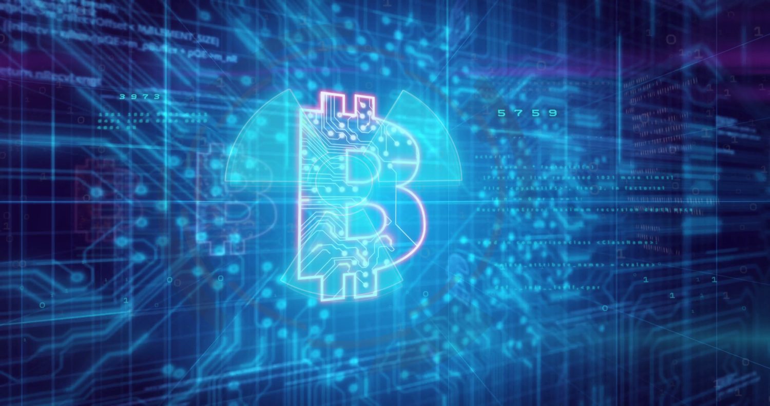 Radiating Bitcoin symbol sending neon pulses in blockchain with circuit lines, nodes, code streams. Futuristic, cyber, technology, digital, network, blockchain, data