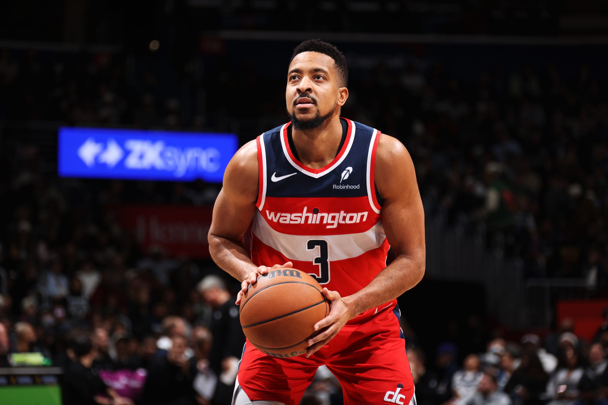 CJ McCollum #3 of the Washington Wizards shooting a free throw.