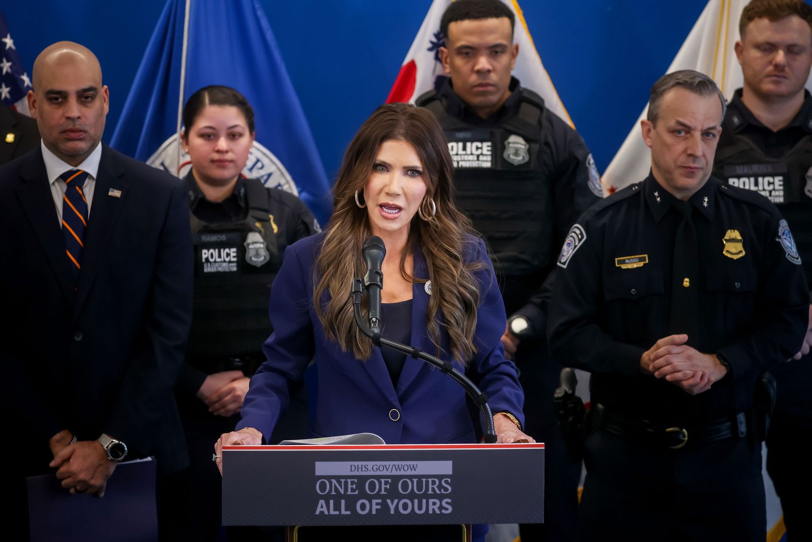 Image may contain Kristi Noem Miguel Herrero y Rodríguez de Miñón Crowd Person Adult Electrical Device and Microphone