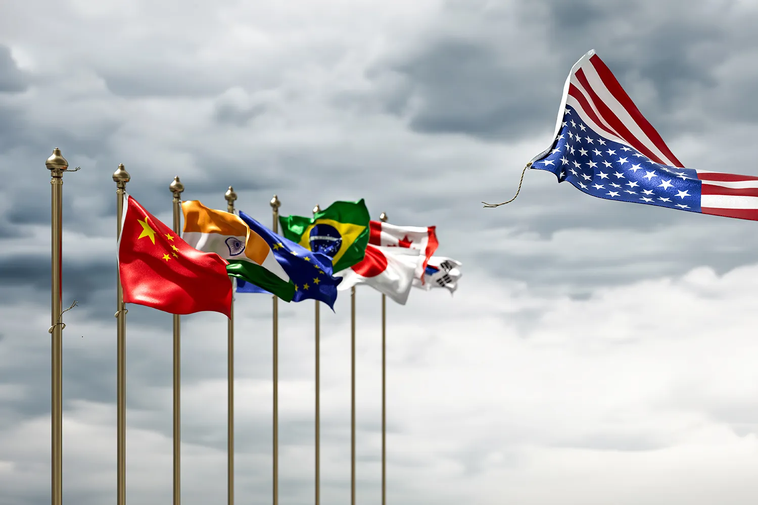 An illustration shows one empty flagpole alongside the flags of multiple countries. The U.S. flag is seen at far right, untethered, flying out of frame.