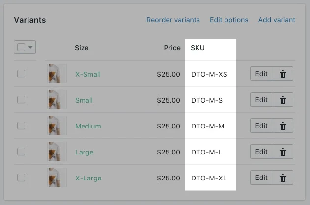 Shopify product page showing SKU numbers for different sizes of t-shirts.