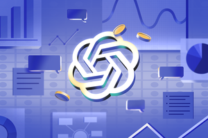 Illustration of a chat gpt symbol with coins floating around.