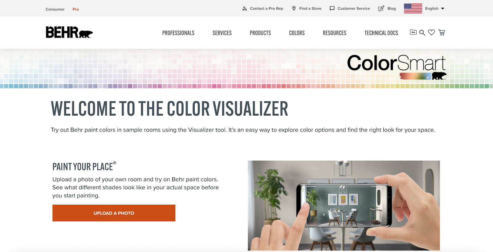 Screenshot of landing page for Behr’s paint visualizer tool.