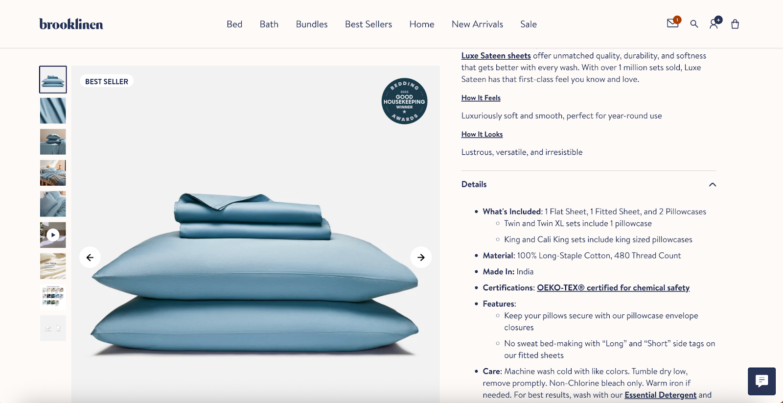 Screenshot of Brooklinen product page showing product details.