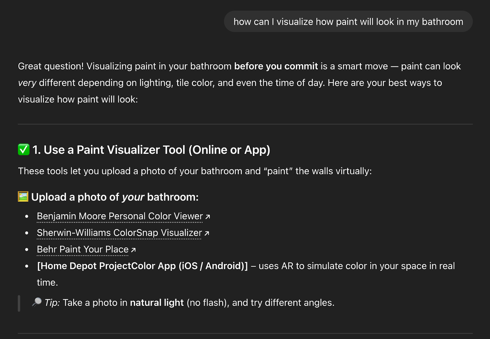 Screenshot of a ChatGPT answer to a query about paint visualization.