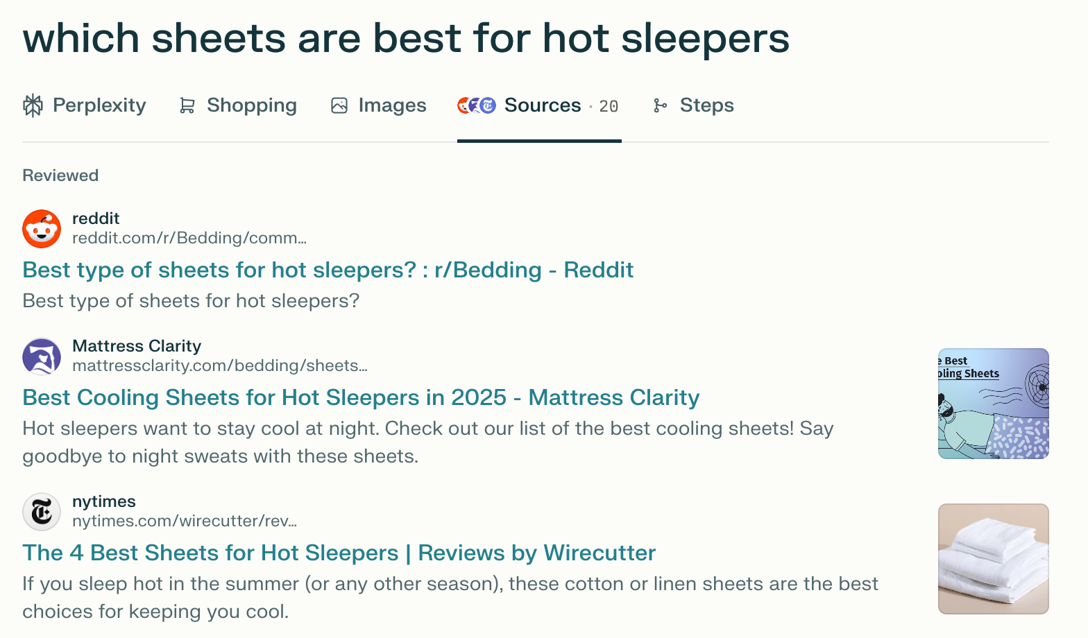 Screenshot of Perplexity sources for prompt which sheets are best for hot sleepers.