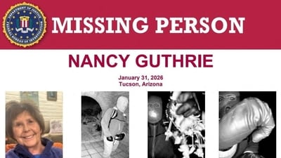 A poster features Nancy Guthrie and an armed individual appearing to have tampered with the camera at her front door the morning of her disappearance at her home in Tucson, Arizona, U.S. (REUTERS)